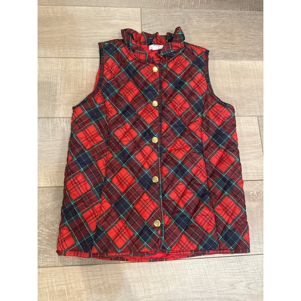 Red Christmas Plaid Quilted Kids Vest Ruffle Neckline & Gold Buttons Crown & Ivy